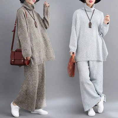 

Turtleneck Knitted Women's Sweater Two Piece Set Top And Pants Knitted Tracksuit Wide Leg Pants Survetement Femme Matching Sets