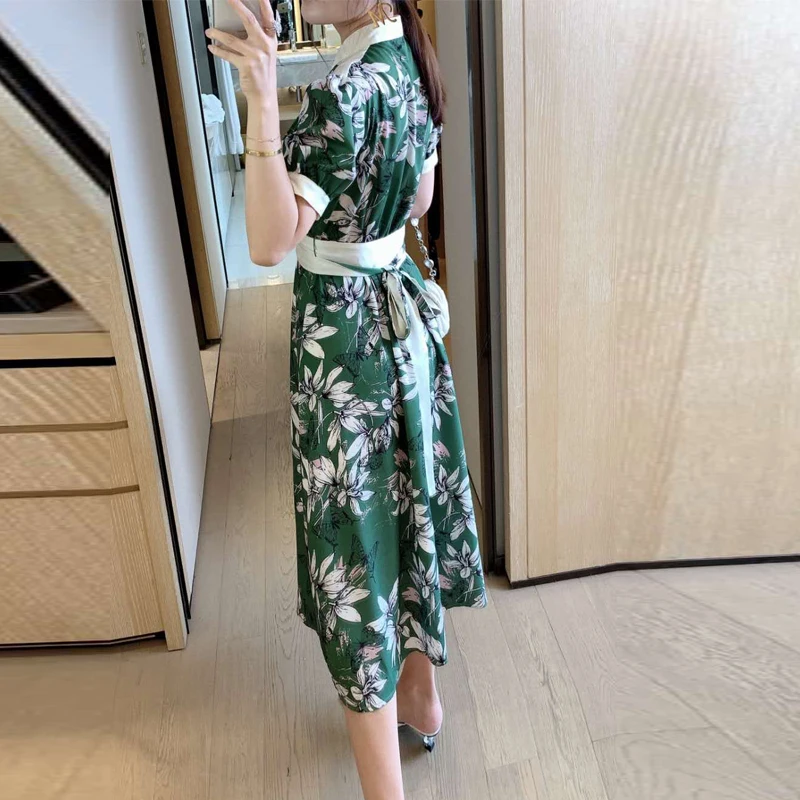 

AELESEEN Runway Fashion Women Green Dress 2020 High Qaulity V-Neck Flower Print Party Holiday Elegant Party Dress