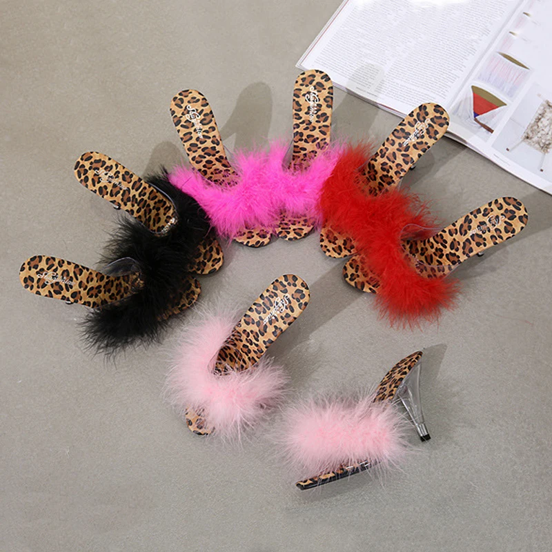 Босоножки вечерние перьями и леопардовым принтом 7 см 10 см|Боссоножки сандалии| |