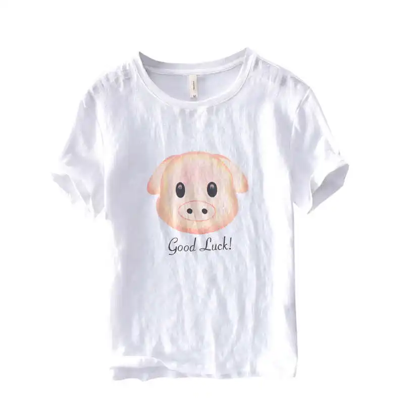 

Cute pig print t-shirts men o-neck short sleeve cartoon casual tees for young 2021 men's linen cotton white t-shirts
