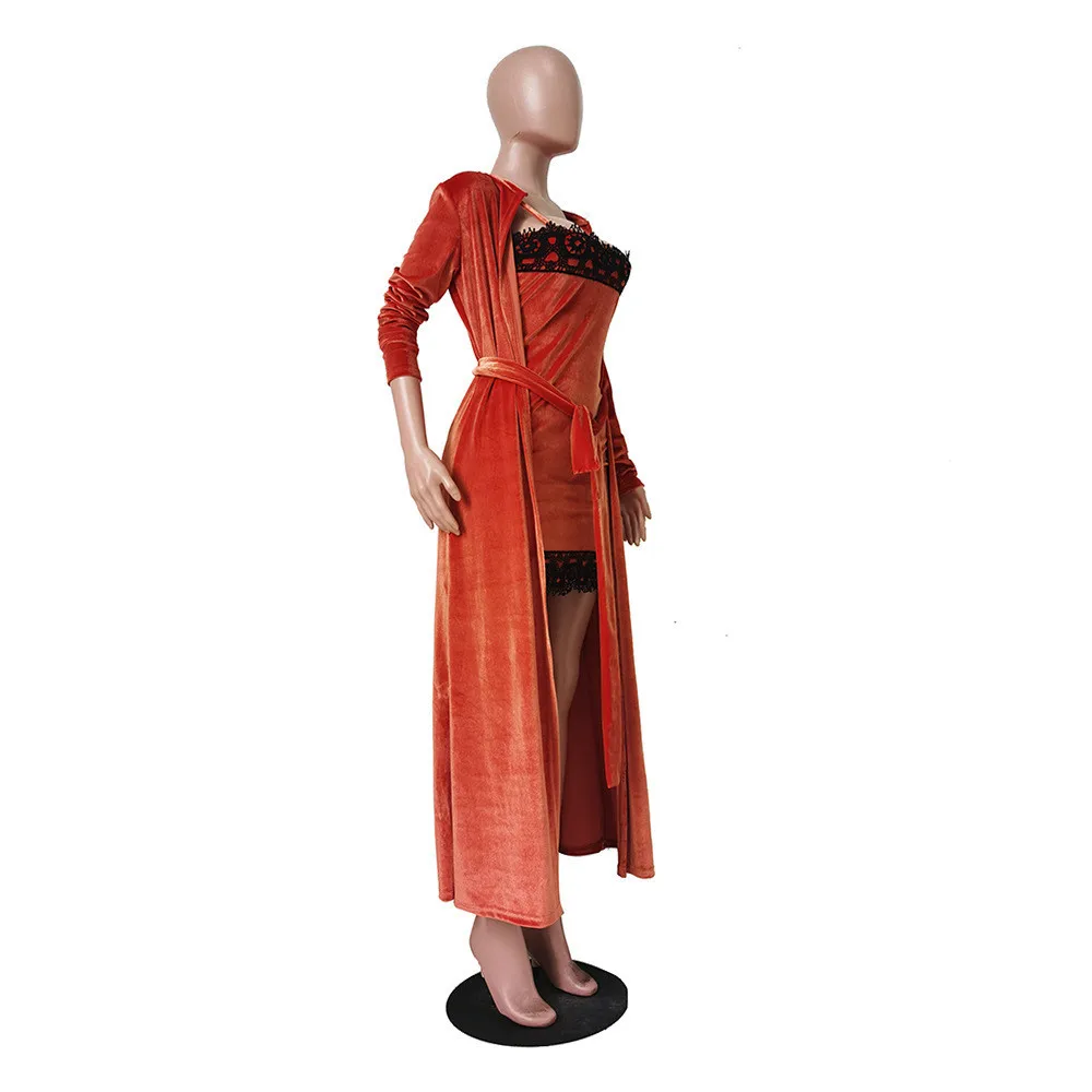 

Women Pajamas Sets Sexy Lace Patchwork Robe Set Korean Velvet Womens Home Clothes Spaghetti Strap Dress Suit