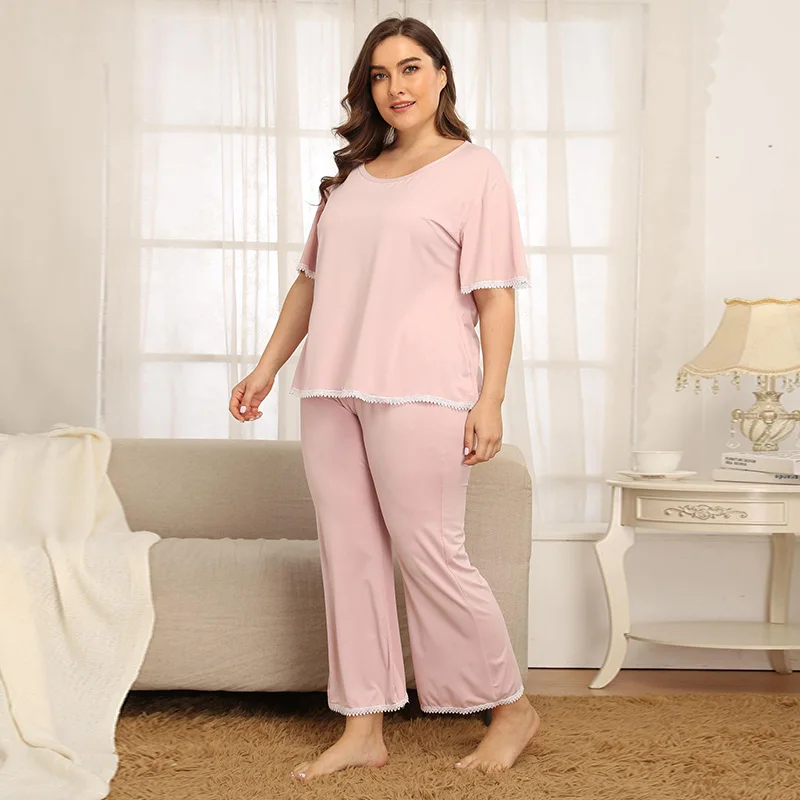 Wipalo Summer Women Plus Size Lace Trim Pink Sweet Casual Sleepwear Sleep Shirt +Pants Set Loose O-Neck Short Sleeve Pajama Sets | Женская