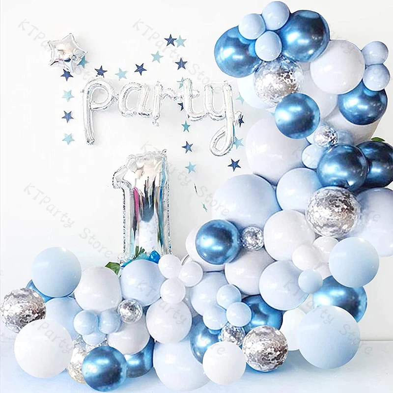 

126pcs Silver Confetti balloons Garland Arch Kit Baby Shower Wedding Matte White Blue birthday party Chrome Balloon Decoration