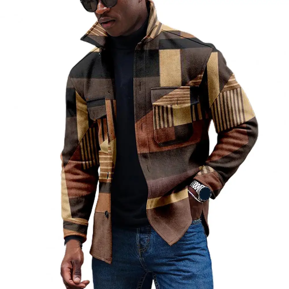 

Men Coat Long Sleeve Vintage Style Patchwork Contrast Colors Single-breasted Jacket Autumn