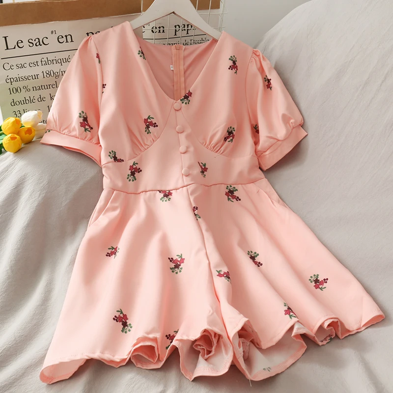

Summer Fashion Women Playsuits 2021 Casual V-neck Short Sleeves Slim Floral Print Playsuits Ladies Short Overalls Jumpsuit