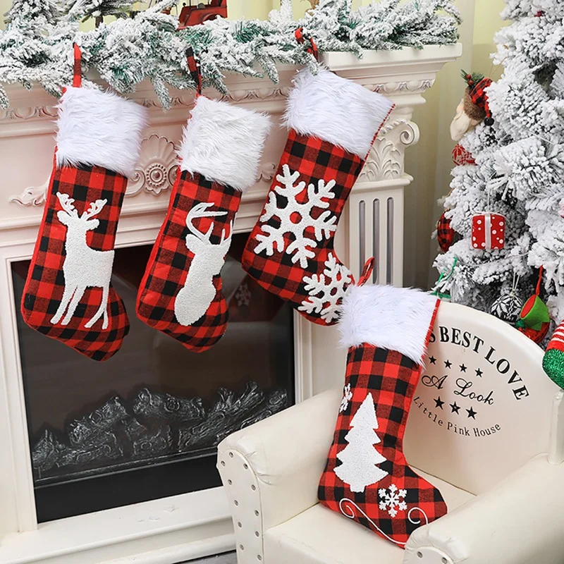 Christmas Decorations White Fur Collar Jacquard Embroidered Plaid Socks Tree Ornaments | Дом и сад