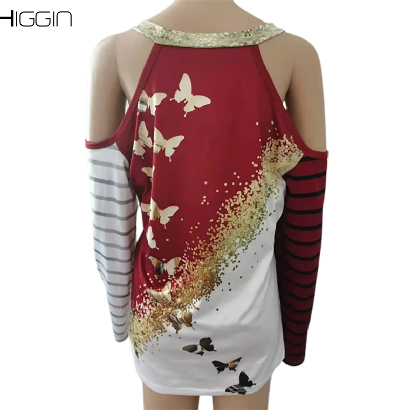 

2021 Autumn Strapless Women T-Shirt Butterfly Print Long Sleeve T-Shirts Oversized Sexy Cold Shoulder Tee Ladies Streetwear 5XL