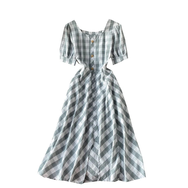 

2021 Sale Vadim Dress Women Ukraine New French Retro Sweet Little Fresh Plaid Waist Long Square Collar Super Fairy Dress