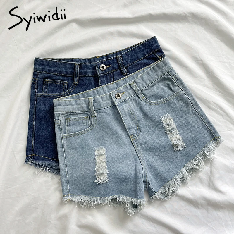 

Syiwidii Womens High Waisted Denim Shorts Jean Ripped Summer Clothing Fashion 2021 Sky Blue Hollow Out Tassel Solid Hole Sweat