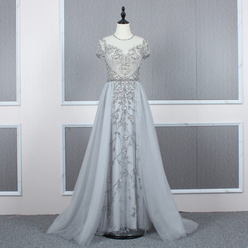 Luxury Real Image Red Gown Beaded Crystals Sheer O Neck Short Sleeves Lace Evening Dress with Tulle Overskirt