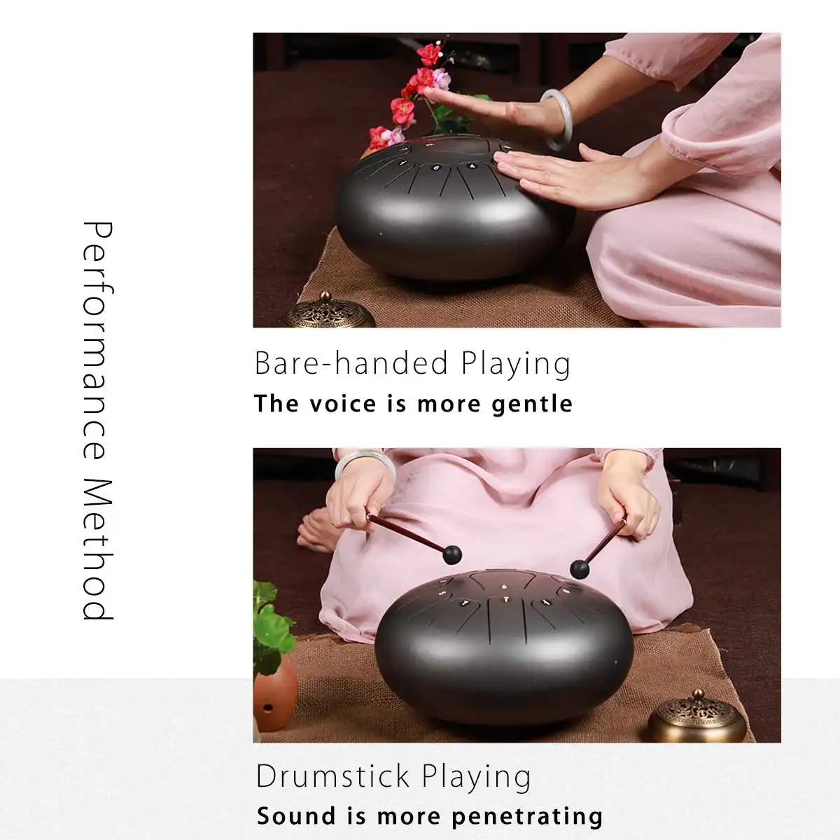 10 дюймов 11 нот D Основной стальной язык барабан Handpan ручной барабан с барабанчиками с пальчиковыми лопастями Йога Медитация Zazen Релакс