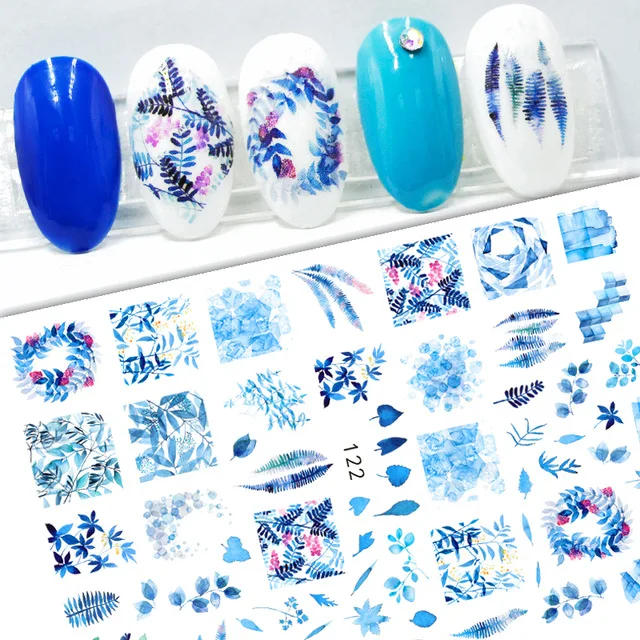 

3D Nail Sticker Blue Flower Leaf Slider Nails Art Decoration Wraps Decals Cute Design Adhesive Manicure Tips Stickers Pegatina