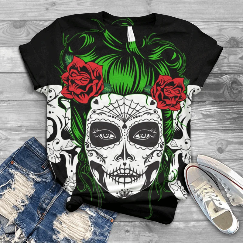 

New Harajuku Street Girl 3D Skull Print T-shirt Ladies Round Neck Short Sleeve Printed T-shirt