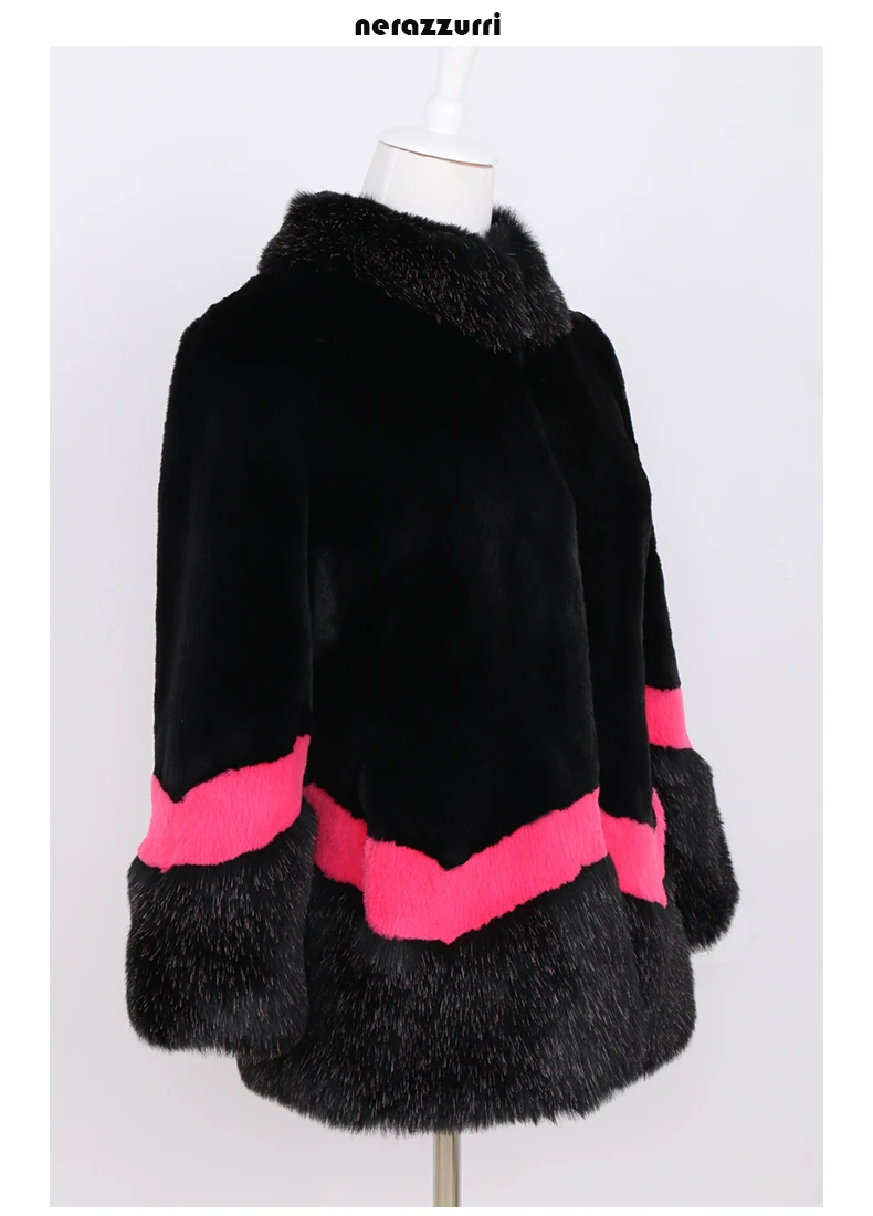 Nerazzurri faux fur coat women autumn winter fluffy color block furry patchwork fake fur jacket plus size fashion luxury clothes