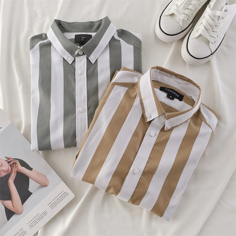 2021 Spring Summer Men Stripes Button Down Shirts Long Sleeve Tops Male Shirt Casual Business  Loose Oversize Cotton Fashion
