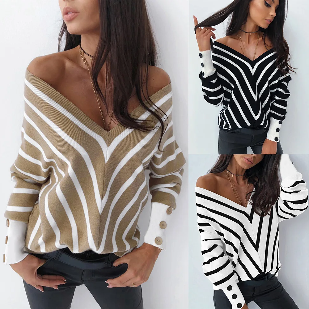 

Women Sexy Casual Striped V-Neck Long Sleeve Button-Up Off the Shoulder Button 2020 New Autumn Easy