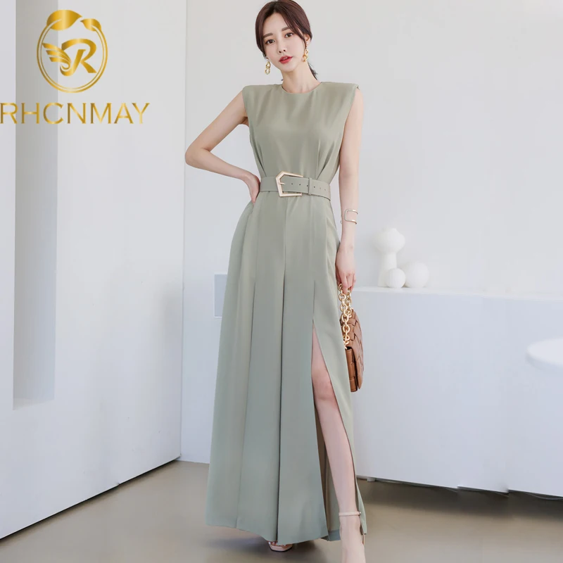 

Women Summer Sleeveless Jumpsuit 2021 Elegant Belted Split Wide Leg Rompers Solid Casual Work Bodysuit Pantalon Trousers