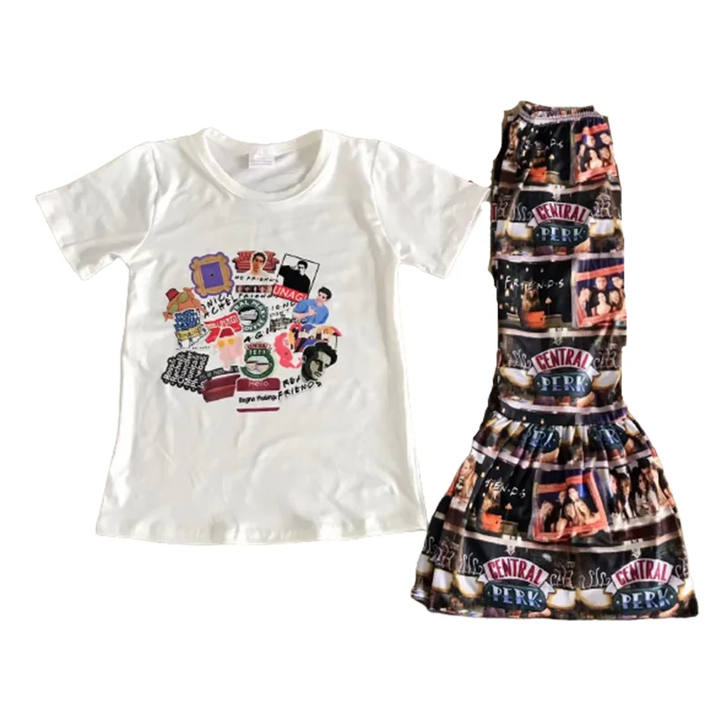 

Summer baby girl's two piece milk silk white printed short sleeves with plaid flared pants boutique set20