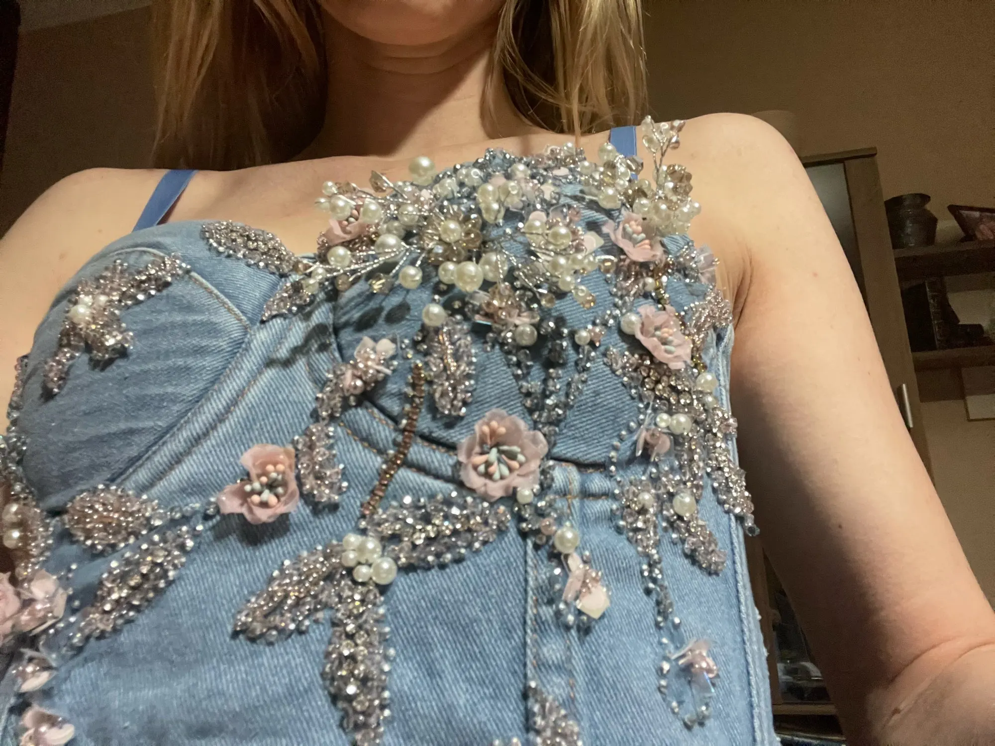 

Flower beading Denim Jeans Scratched Women's Button Diamonds Ripped Push Up Bustier Night Club Party Crop Top New Corset Camise