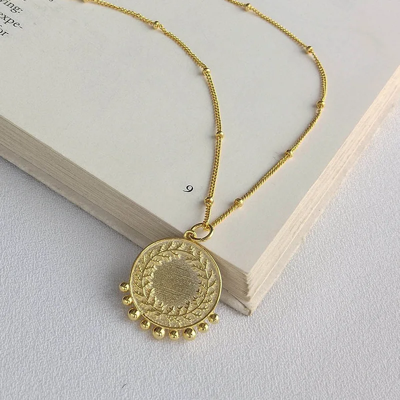 

18K GOLD 100% Authentic 925 Sterling silver Gold Peace wheat Pendant Disc Coin Beads Chain Necklace jEWELRY TLX656