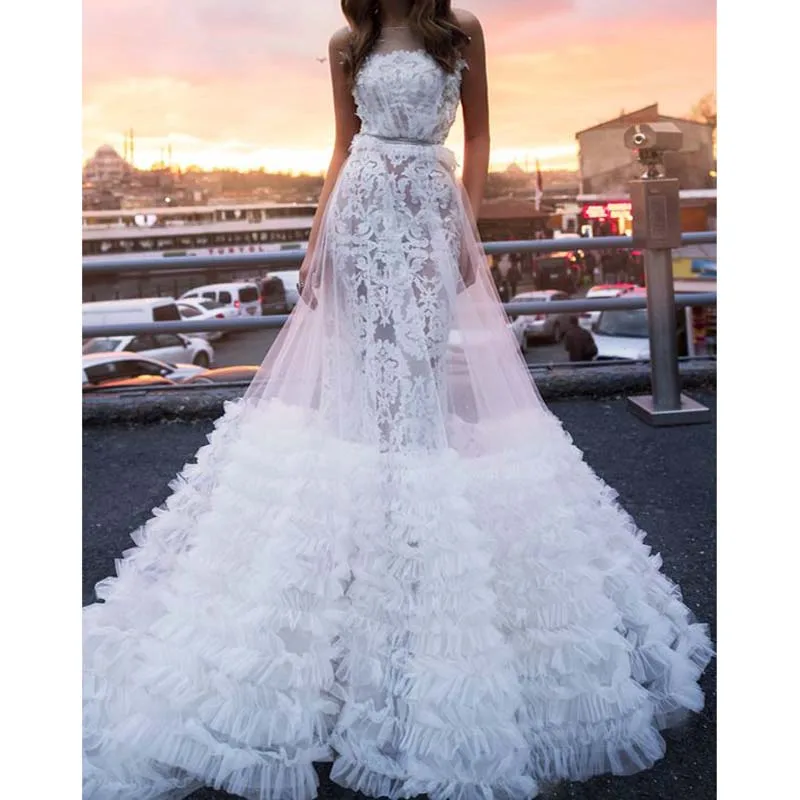 Vestido de noiva 2019 прозрачное кружевное свадебное платье с юбкой годе шикарный Тюль со