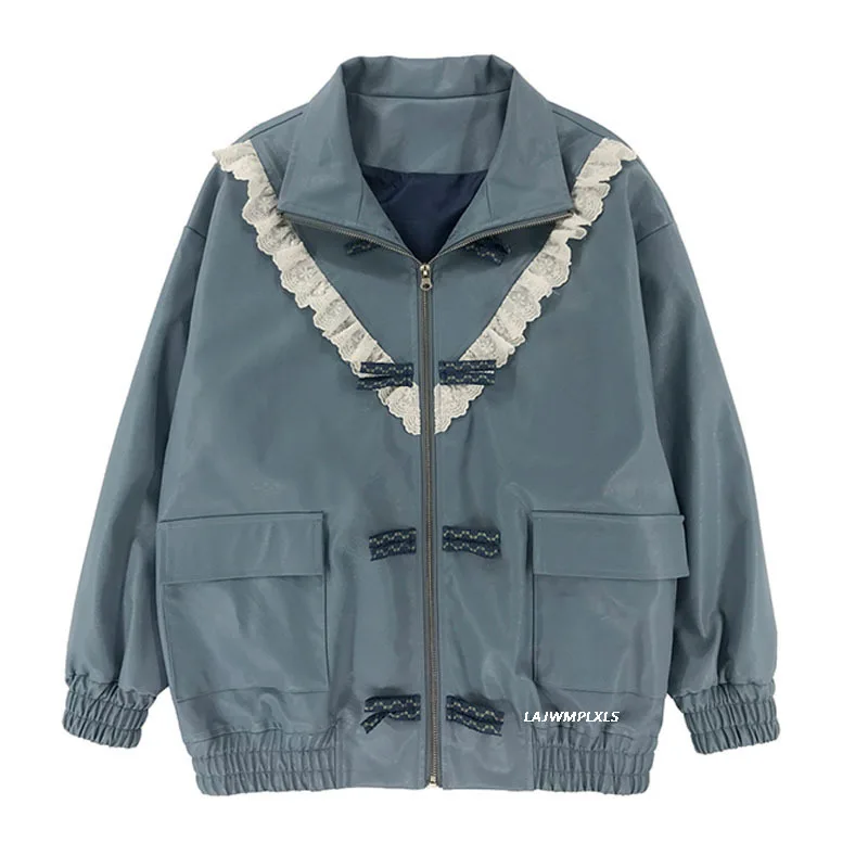 

Korean 2021 Blue Spring autumn Leather women's jacket Casual style loose buckle retro student short coat