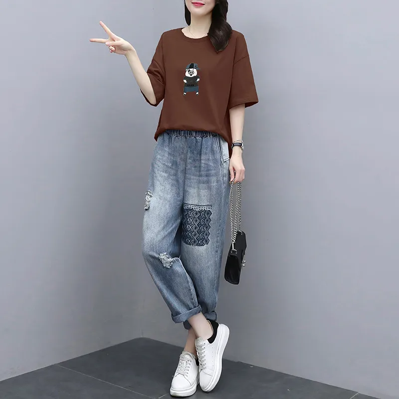 

2021 Summer New Plus Size Women's Two-Piece Round Neck Pullover Short-Sleeved T-Shirt + Elastic Waist Jeans Fashion Suit Female