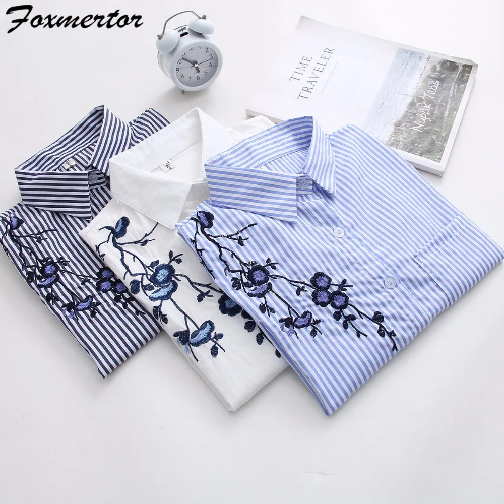 Осенняя женская блузка с длинным рукавом рубашки цветочной вышивкой Женские