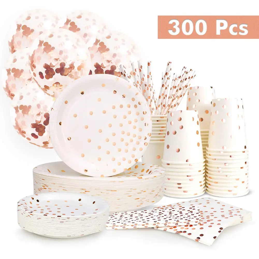 

300 Pieces Rose Gold Paper Party Supplies Disposable Paper Plate Cutlery Set Rose Gold Dot Hot Stamping Plate