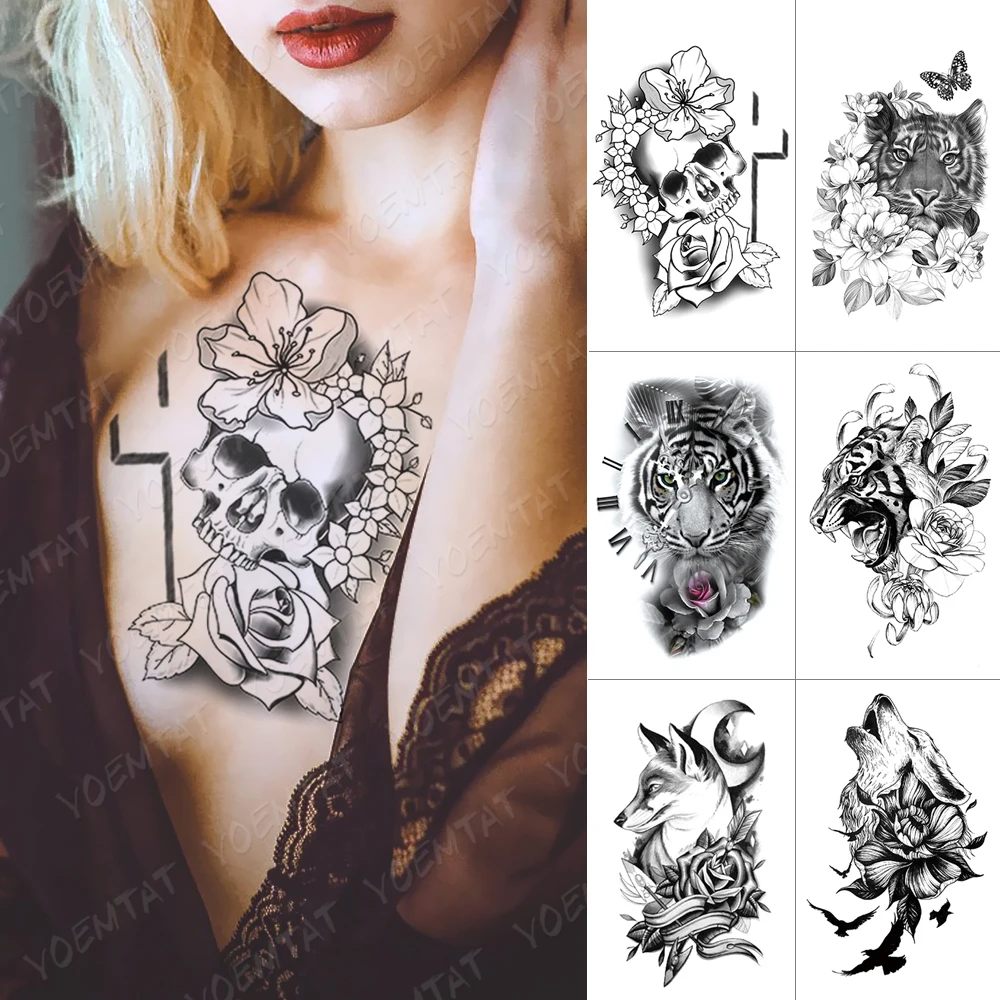 

Waterproof Temporary Tattoo Sticker Skull Cross Rose Flash Tattoos Tiger Wolf Body Art Arm Water Transfer Fake Tatoo Women Men