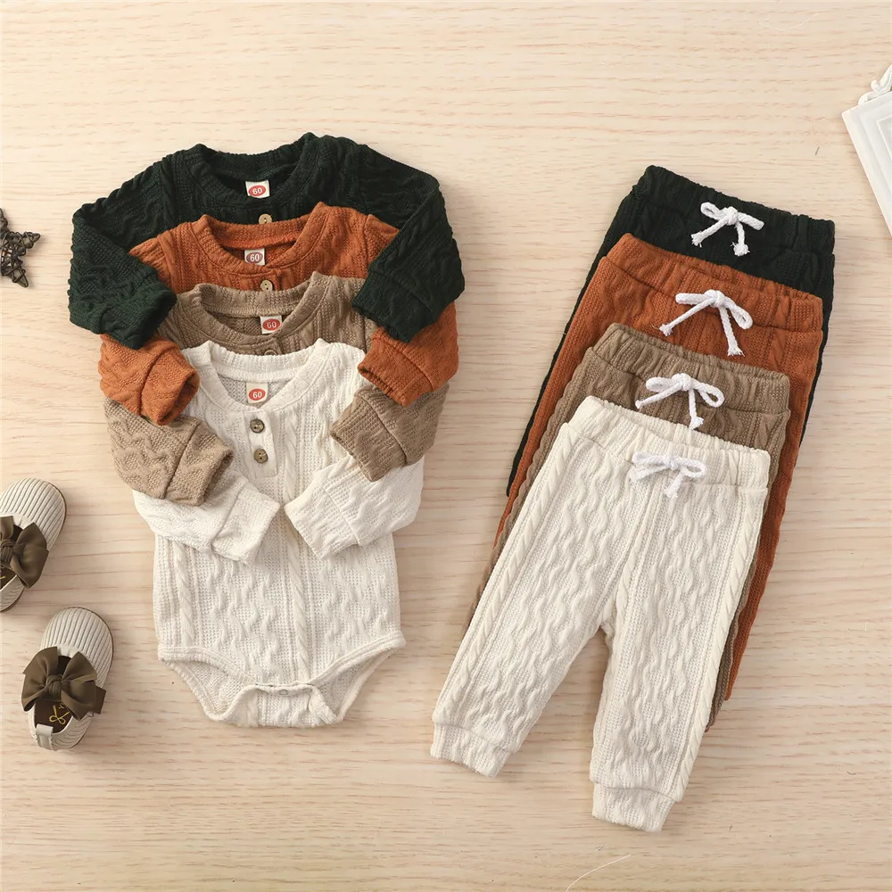 2021 Winter Fall Baby Homewear 4 Colors Newborn Baby Knitted Warm 2Pcs Suit Toddler Girl Boy Long Sleeve Romper Tops Pants