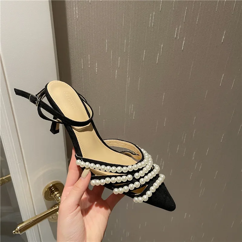 

New High Heel Thin Heel Back Hollow Sandals Beaded Hollow Sandals