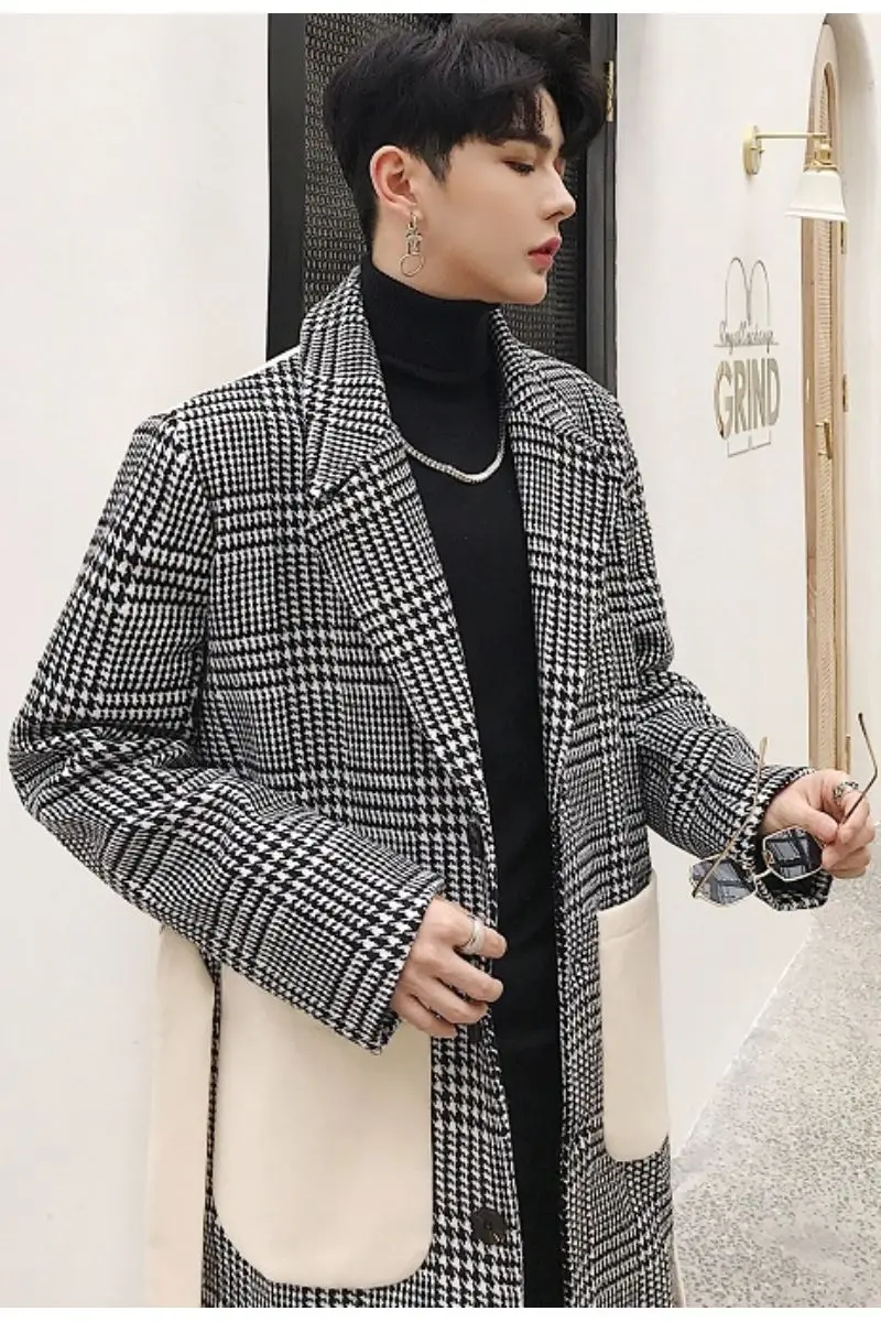 

IEFB Autumn and winter color block long woolen coat men's plaid coat thick signle brasted warm clothes for men vintage 9Y4740