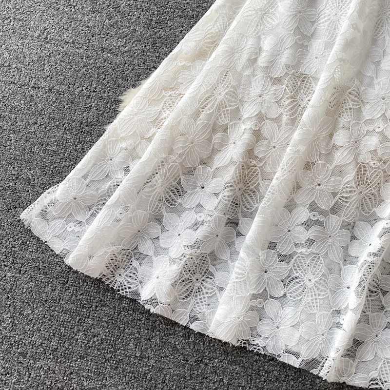 

Summer Women French White Dress Party Short Sleeve Elegant Hook Flower Hollow Robe Sexy V -Neck Zipper Ladies A-Line Lace Dress