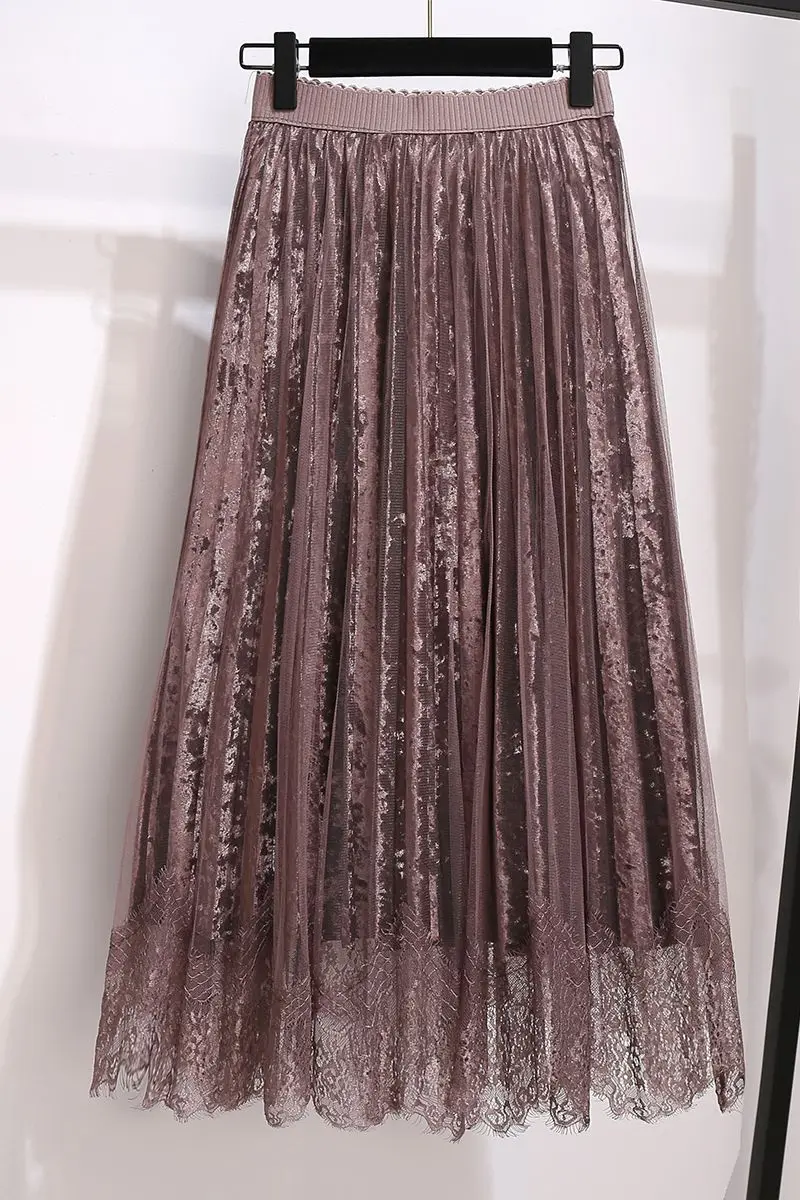 

COIGARSAM 4XL Plus Size Patchwork Women Skirt Spring Lace Mesh Skirts Black Apricot Champagne 9152