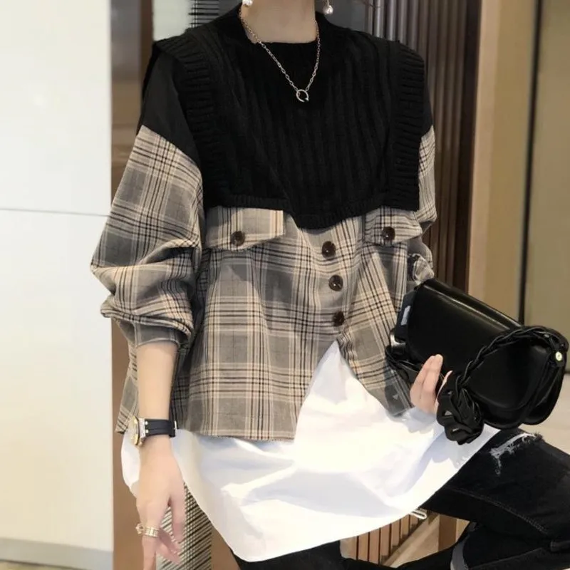 

Fashion Shirt Knit Blouse [EWQ] Autumn Plaid Loose Long-sleeved Minimalist Neck Pullover 8Q649 Round Patchwork Office Lady Fash
