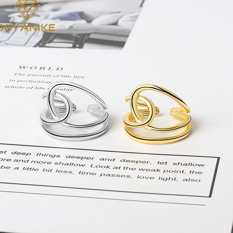 

XIYANIKE Silver Color Geometric DoubleLayer Interwoven Winding Line Ring Female Simple Exaggerated Jewelry Open Wholesale
