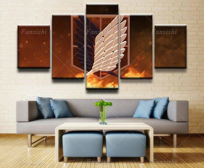 

5 Panel Anime Poster Attack On Titan Wall Art Canvas Painting Modern Hd Print Modular Pictures Boy's Living Room Home Decor Gift