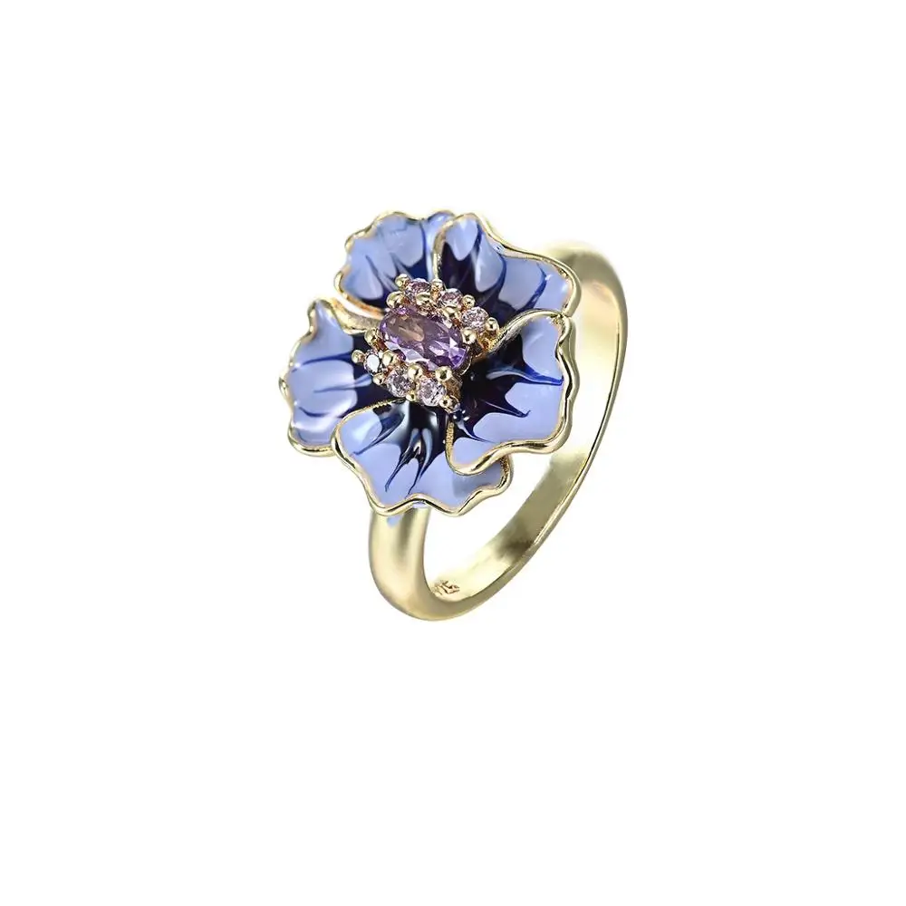 

BLACK ANGEL Fashion 18K Gold Handmade Purple Enamel Sunflower Ring For Women Amethyst Rings Wedding Jewelry Dropshipping
