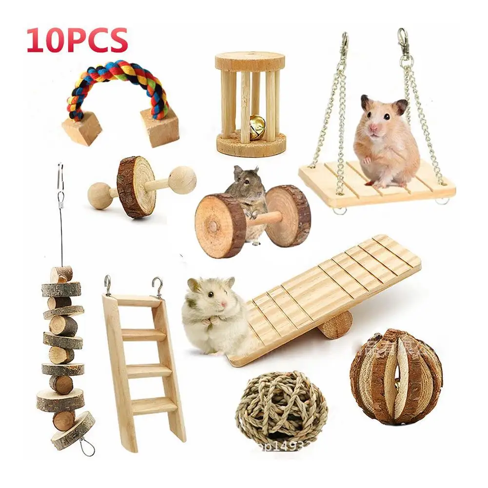 

10pcs Hamster Chew Toys Set Wooden Gerbils Rats Toys Accessories Dumbells Exercise Bell Roller Small Pets Toy for Guinea Pig