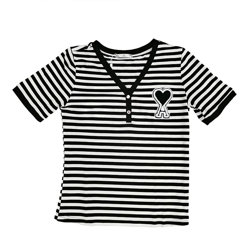 

Heart Embroidery Women's T-shirt 2021 Summer Korean Sexy V Neck Short Sleeve T-shirts Skinny Striped Woman Clothes