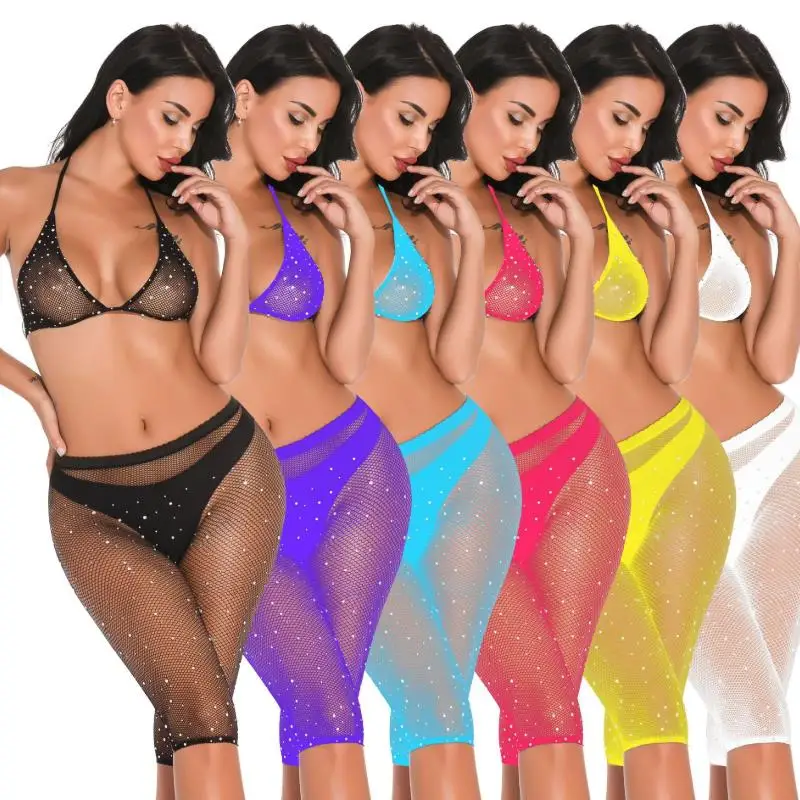 

Summer Mesh Two Piece Sets Nightwear Sexy Women Erotic Lingerie Set Fishnet V-neck Sleeveless Crop Tops And Capri Pants 2021 New