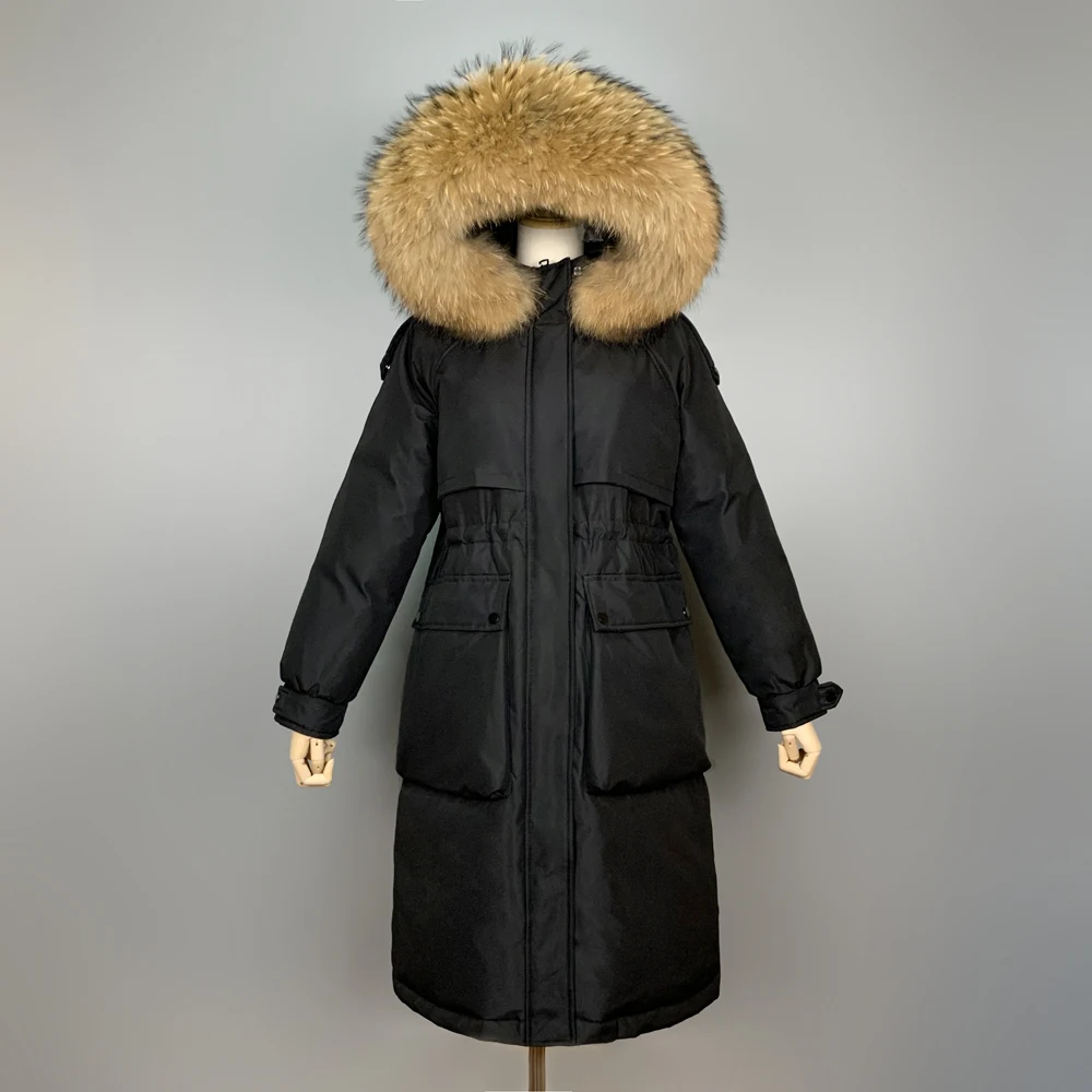 

Women Winter Jacket Large Natural Raccoon Fur Hooded Long Down Coat 90% Duck Down Parkas Female Thickness Sash Tie Up Jackets