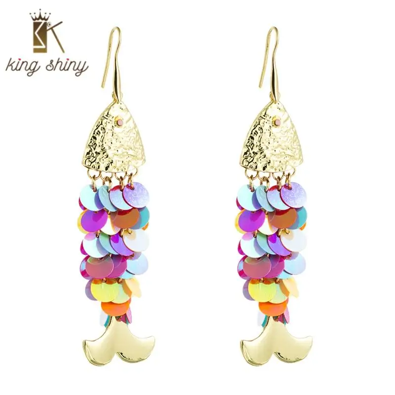 

Za 2020 Summer Design Fish Shape Boho Earrings Vintage Hand Made Colorful Sequins Statement Dangle Earrings Girls Party Jewelry