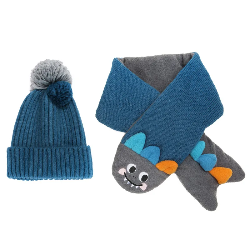 Hat And Scarf Set Новая зимняя шапка, шарф, перчатки для мальчиков и девочек, детская зимняя теплая шапка с динозавром, шарф из песца, перчатки - Цвет: Hat And Scarf Set
