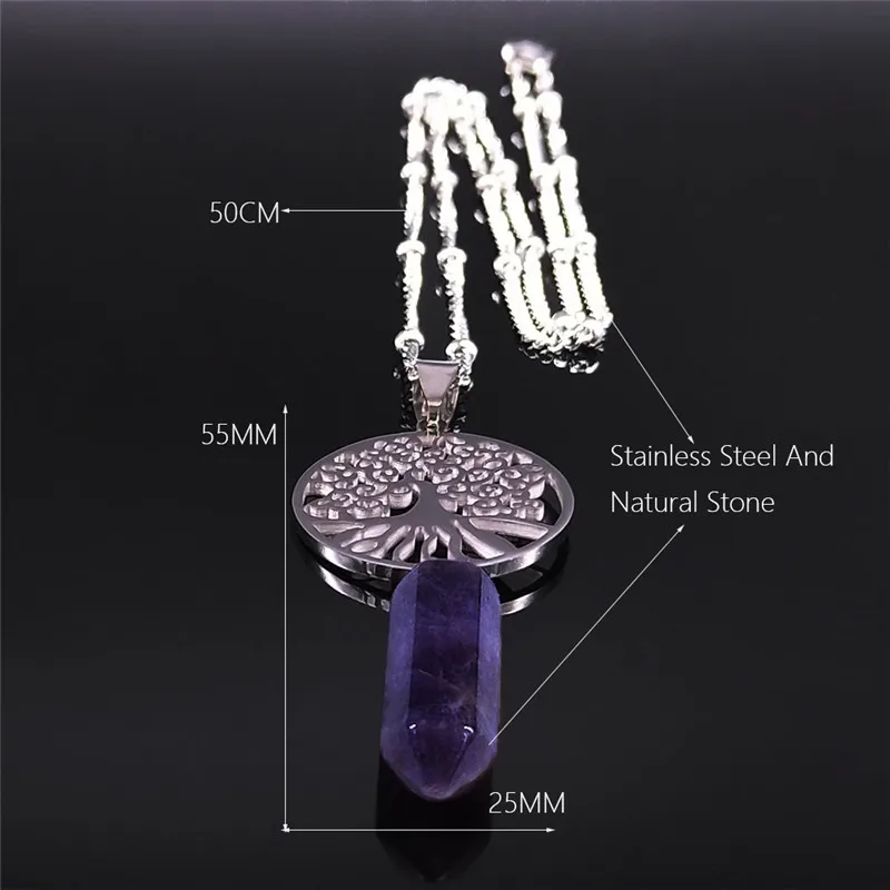 

Stainless Steel Purple Crystal Tree of Life Hexagonal Bullet Reiki Point Chakra Stone Necklaces Jewelry collier femme NXS04