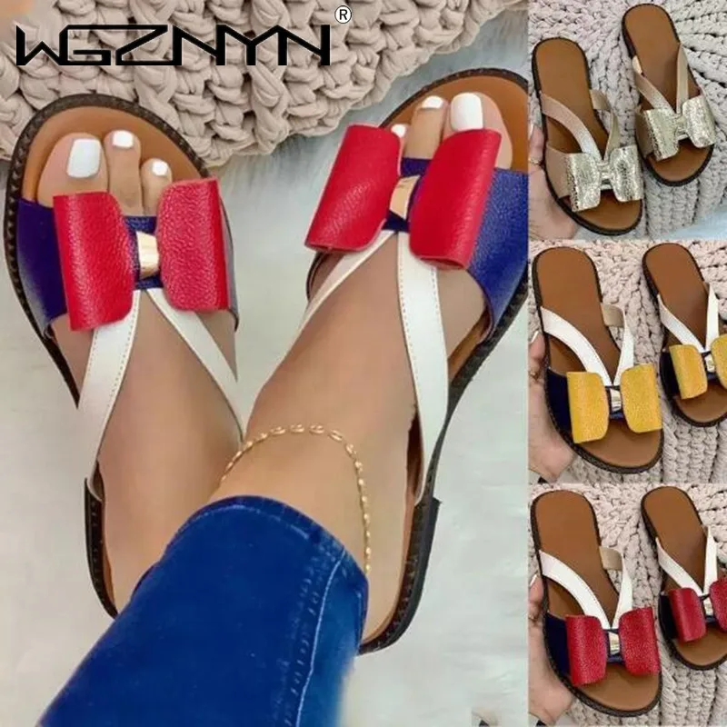 

Шлепанцы женские с бантом, мягкая кожа, пляжные сандалии, плоский каблук, Повседневная Уличная обувь, пляжные шлепанцы, лето 2021