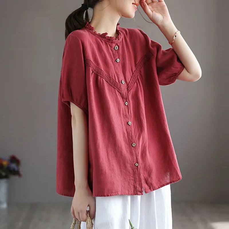 Женские повседневные рубашки из 100% хлопка однотонные свободные топы с коротким