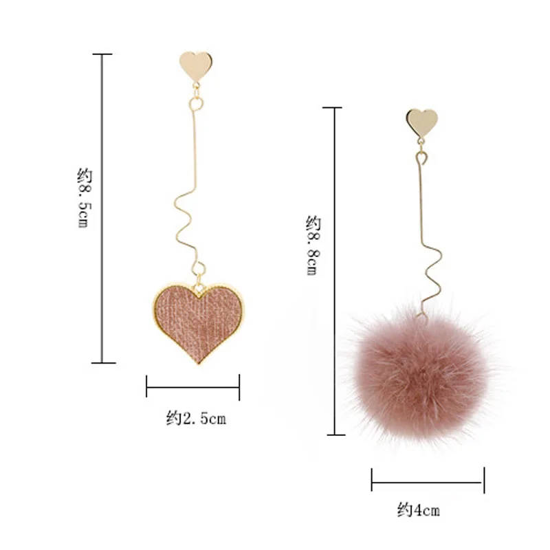 

Autumn Winter Fashion Pink Mink Hair Ball Pompom Dangle Earrings For Women Classic Chic Heart Asymmetry Long Drop Earring bijoux