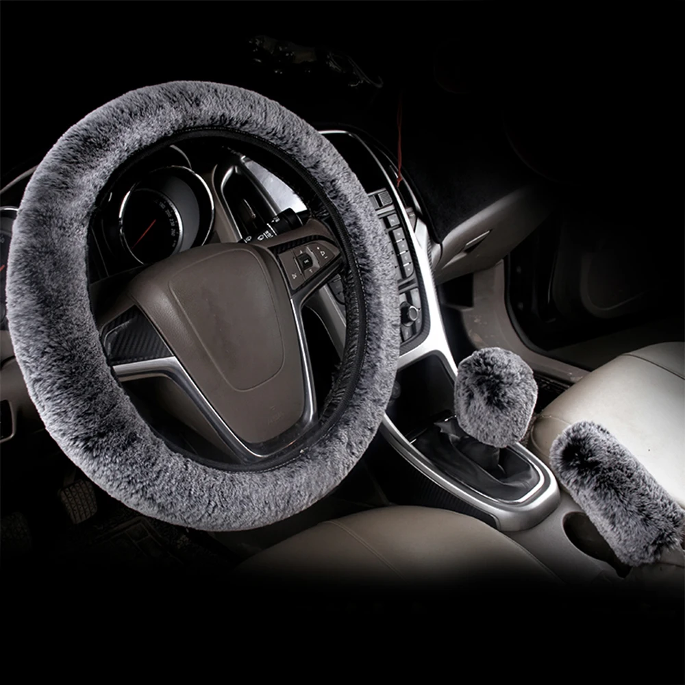 3 шт./компл. натуральный мех Авто зимний мягкий чехол для руля + ручного тормоза